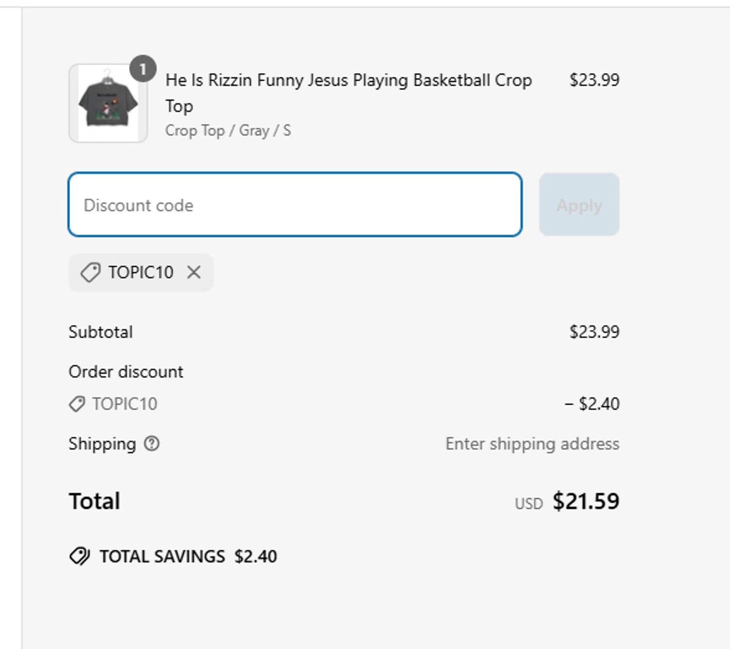 Topicgirl discount code screenshot showing code TOPIC10 applied at Topicgirl checkout page. Uploaded by SimplyCodes community member RewardCurator5232 on Mar 27, 2025