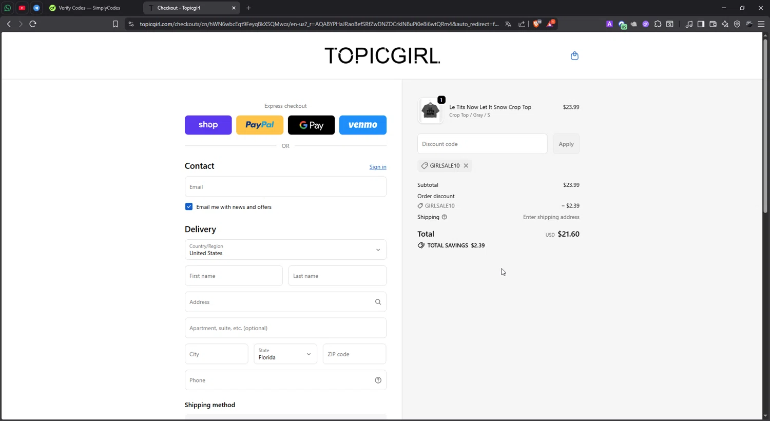 Topicgirl checkout page showing Topicgirl discount code box | Screenshot taken by SimplyCodes community member on Dec 28, 2025