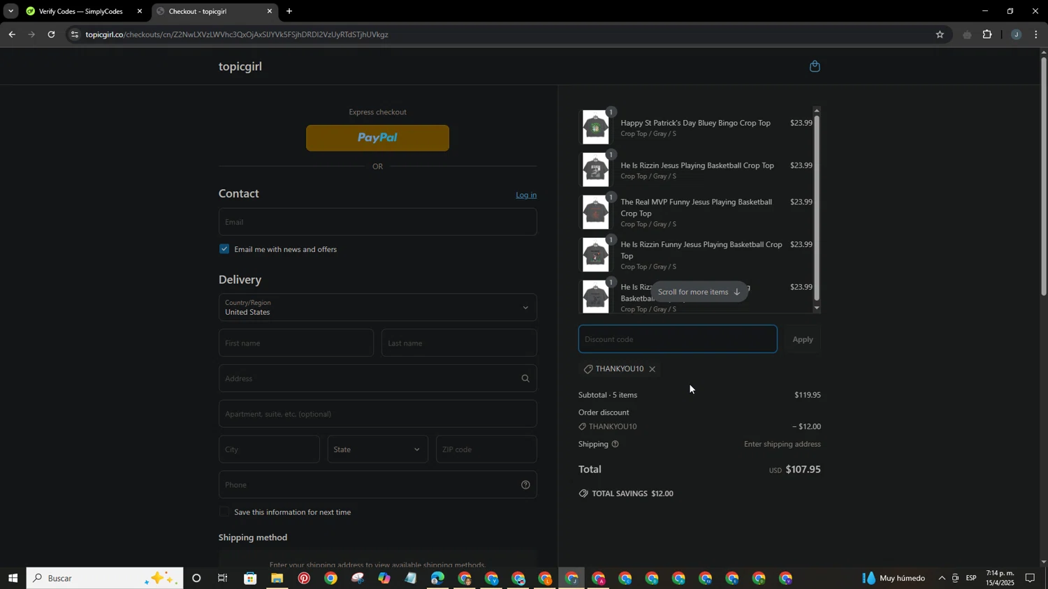 Topicgirl discount code screenshot showing code THANKYOU10 applied at Topicgirl checkout page. Uploaded by SimplyCodes community member BrilliantFox6031 on Apr 15, 2025