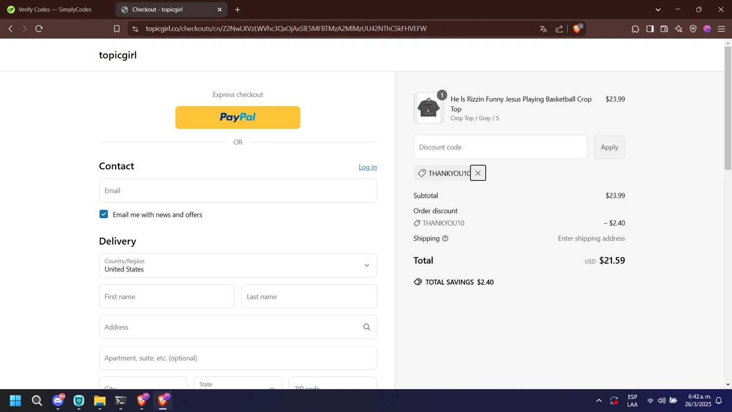 Topicgirl discount code screenshot showing code THANKYOU10 applied at Topicgirl checkout page. Uploaded by SimplyCodes community member nabucodonosor on Mar 26, 2025