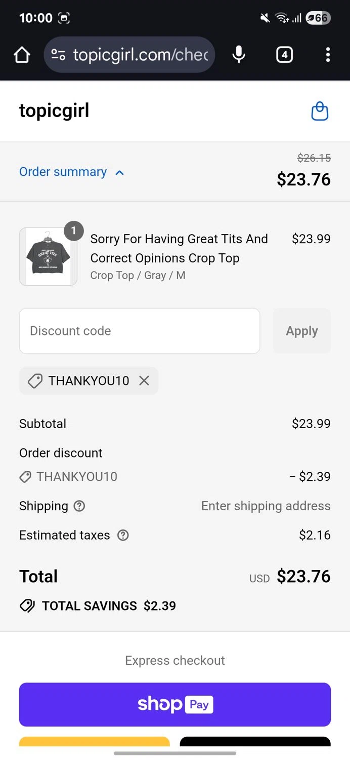 Topicgirl discount code screenshot showing code THANKYOU10 applied at Topicgirl checkout page. Uploaded by SimplyCodes community member VoucherSpotter7661 on Aug 18, 2025