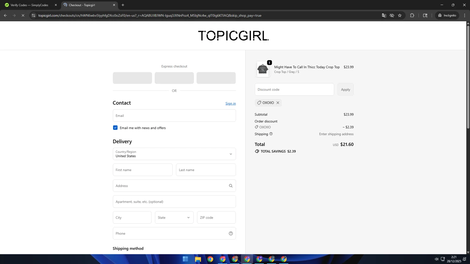 Topicgirl checkout page showing Topicgirl discount code box | Screenshot taken by SimplyCodes community member on Dec 28, 2025