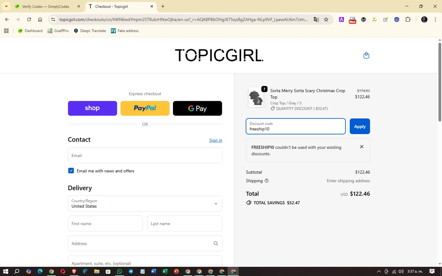 Topicgirl checkout page showing Topicgirl discount code box | Screenshot taken by SimplyCodes community member on Dec 28, 2025
