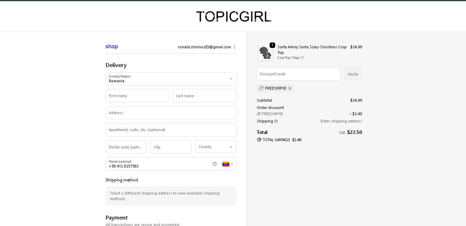 Topicgirl checkout page showing Topicgirl discount code box | Screenshot taken by SimplyCodes community member on Dec 28, 2025