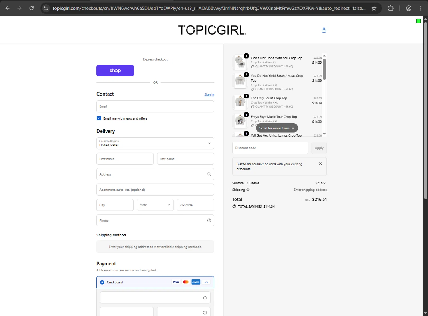 Topicgirl checkout page showing Topicgirl discount code box | Screenshot taken by SimplyCodes community member on Dec 28, 2025