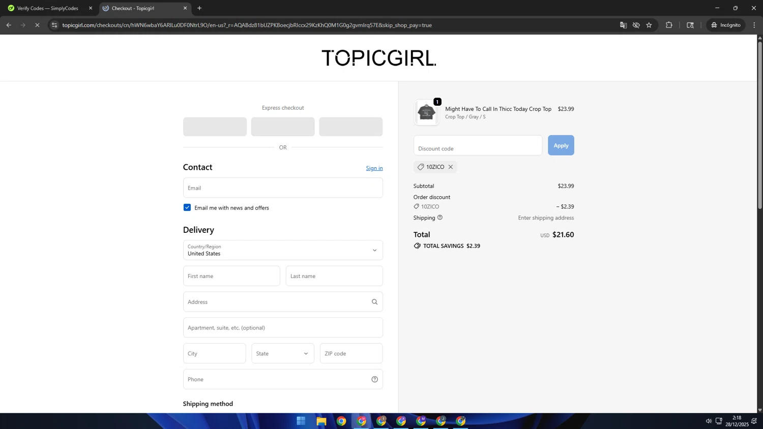 Topicgirl checkout page showing Topicgirl discount code box | Screenshot taken by SimplyCodes community member on Dec 28, 2025
