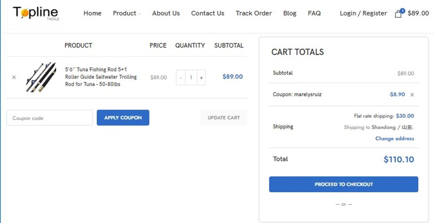 Topline Tackle promo code screenshot showing code MARELYSRUIZ applied at Topline Tackle checkout page. Uploaded by SimplyCodes community member mandrakke on Jun 2, 2026