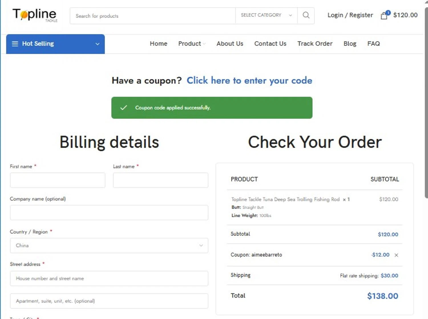 Topline Tackle promo code screenshot showing code AIMEEBARRETO applied at Topline Tackle checkout page. Uploaded by SimplyCodes community member mandrakke on Jun 19, 2026