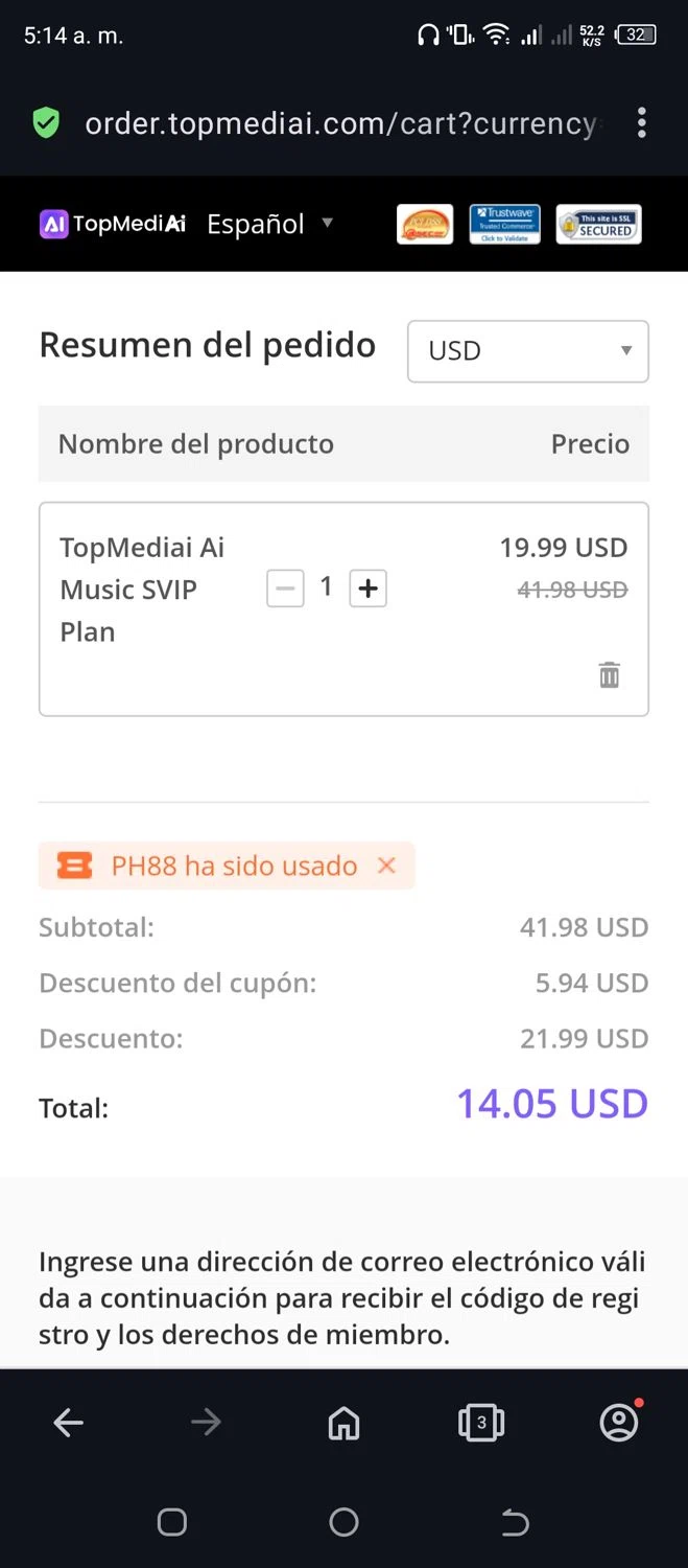 TopMediai checkout page showing TopMediai coupon code box | Screenshot taken by SimplyCodes community member on Feb 19, 2025
