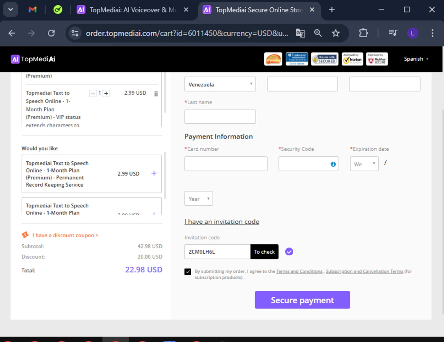 TopMediai checkout page showing TopMediai coupon code box | Screenshot taken by SimplyCodes community member on Mar 22, 2025