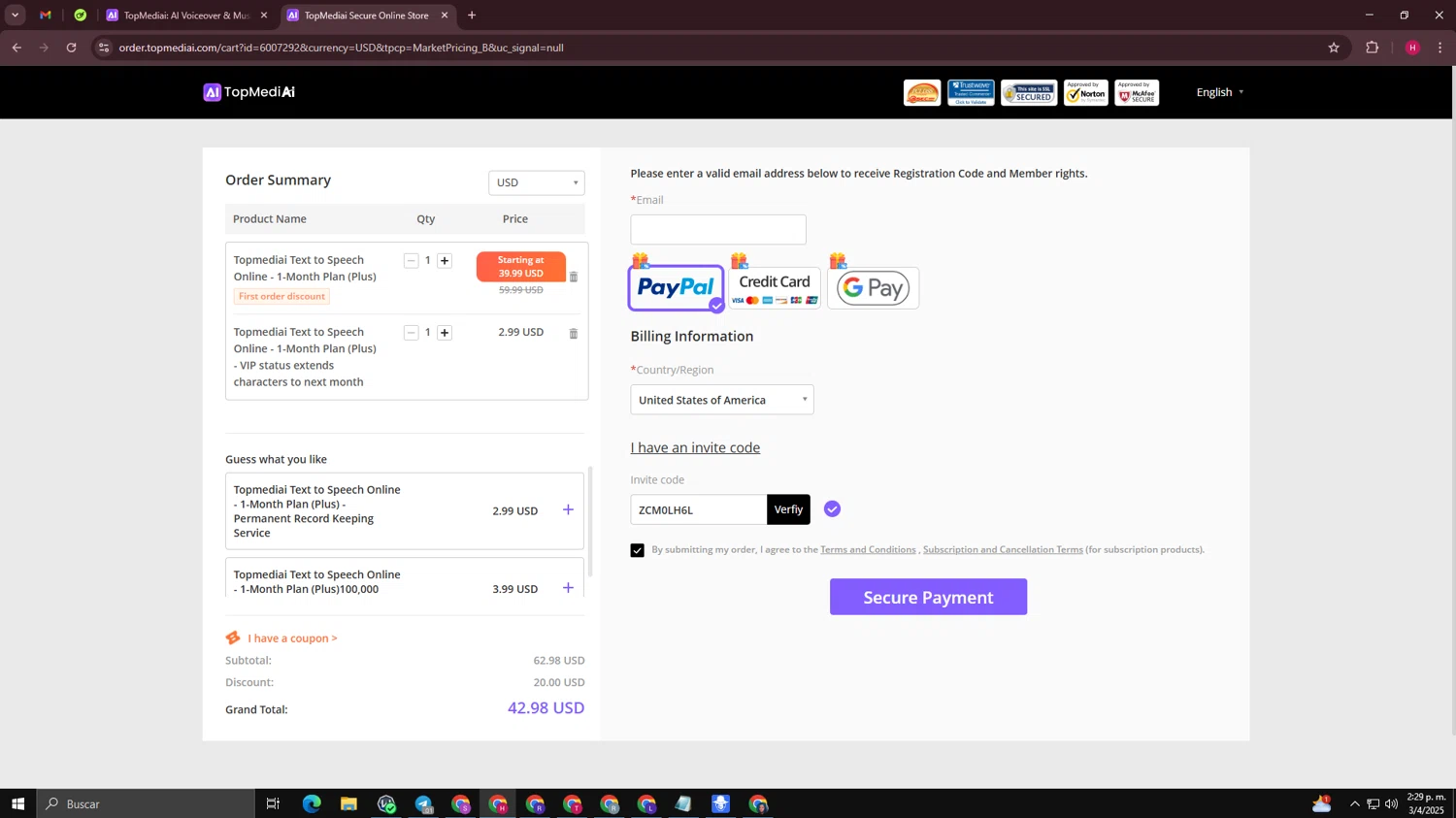 TopMediai checkout page showing TopMediai coupon code box | Screenshot taken by SimplyCodes community member on Apr 3, 2025