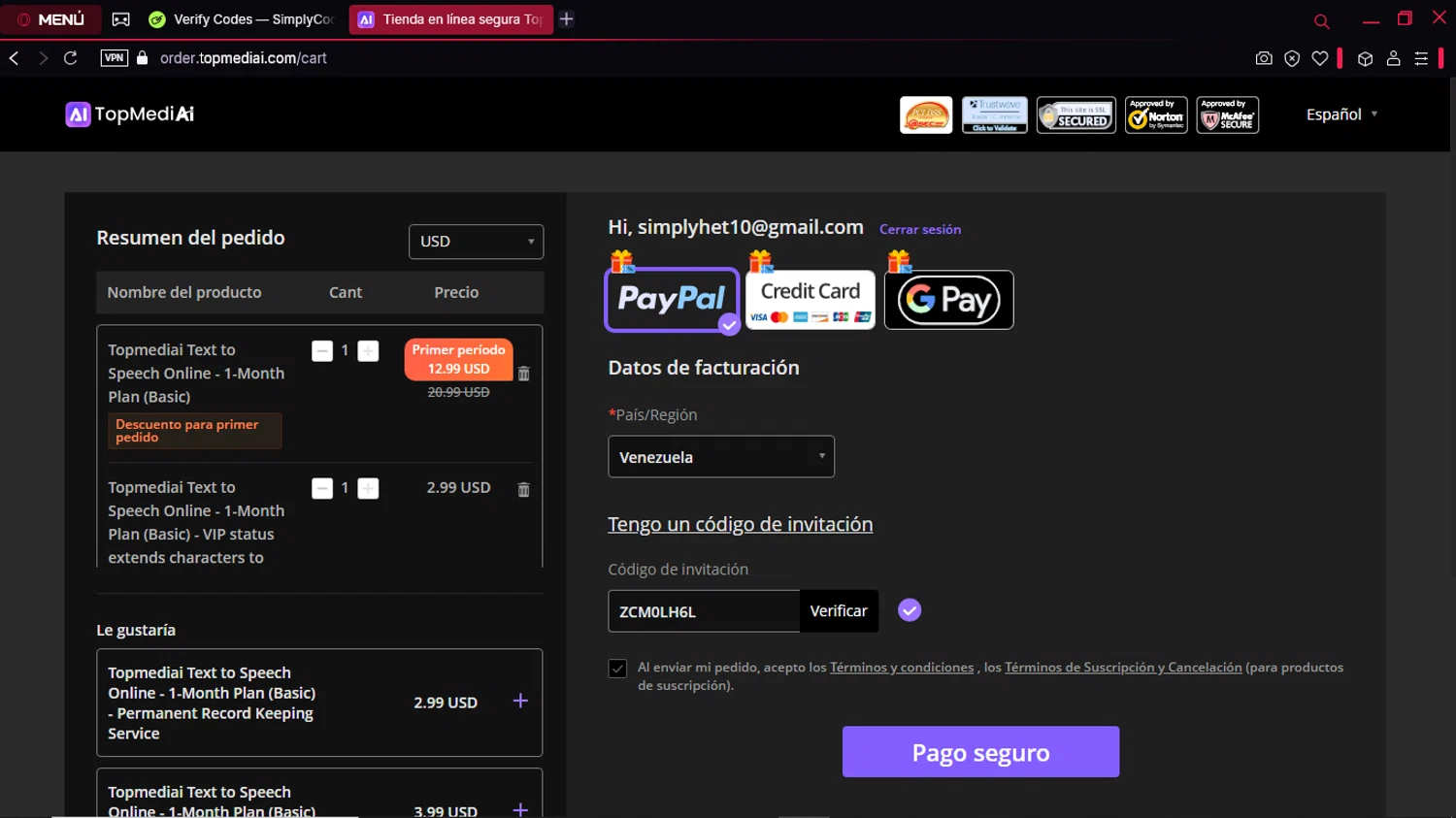 TopMediai checkout page showing TopMediai coupon code box | Screenshot taken by SimplyCodes community member on Feb 18, 2025