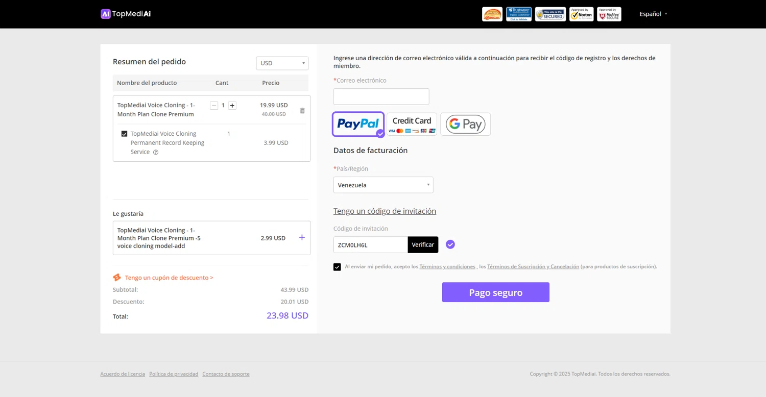 TopMediai checkout page showing TopMediai coupon code box | Screenshot taken by SimplyCodes community member on Feb 10, 2025