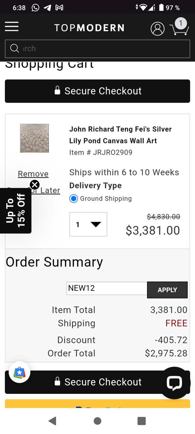TopModern checkout page showing TopModern promo code box | Screenshot taken by SimplyCodes community member on Oct 1, 2024