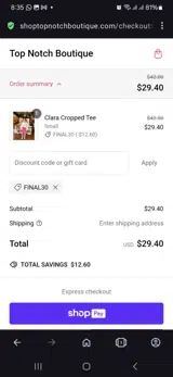 Top Notch Boutique coupon verification screenshot