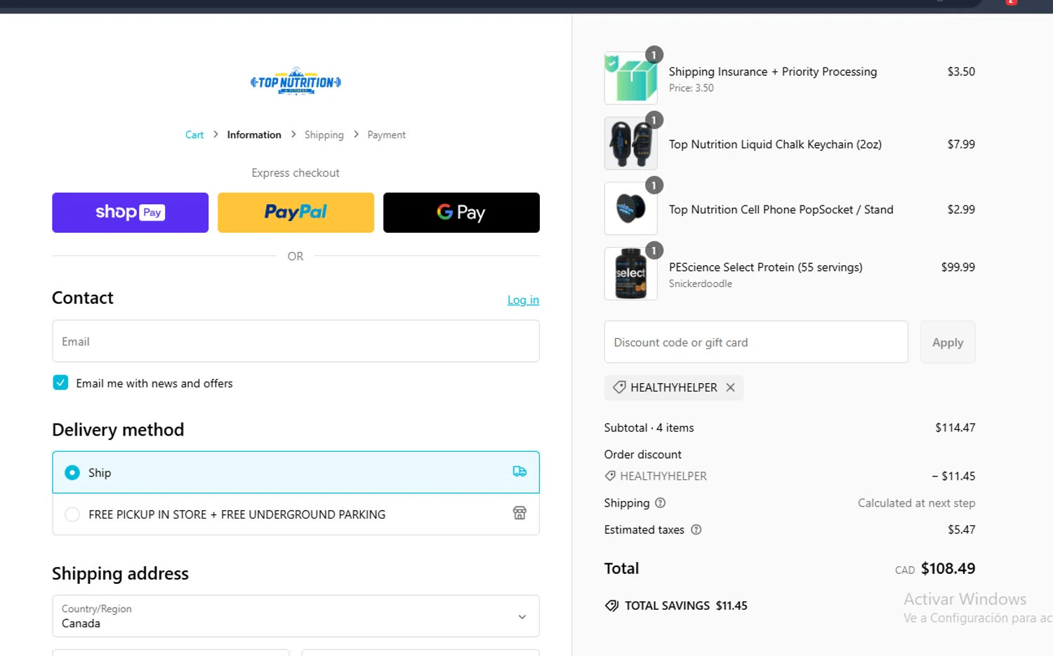 Top Nutrition and Fitness discount code screenshot showing code HEALTHYHELPER applied at Top Nutrition and Fitness checkout page. Uploaded by SimplyCodes community member Gaby04 on Feb 11, 2025