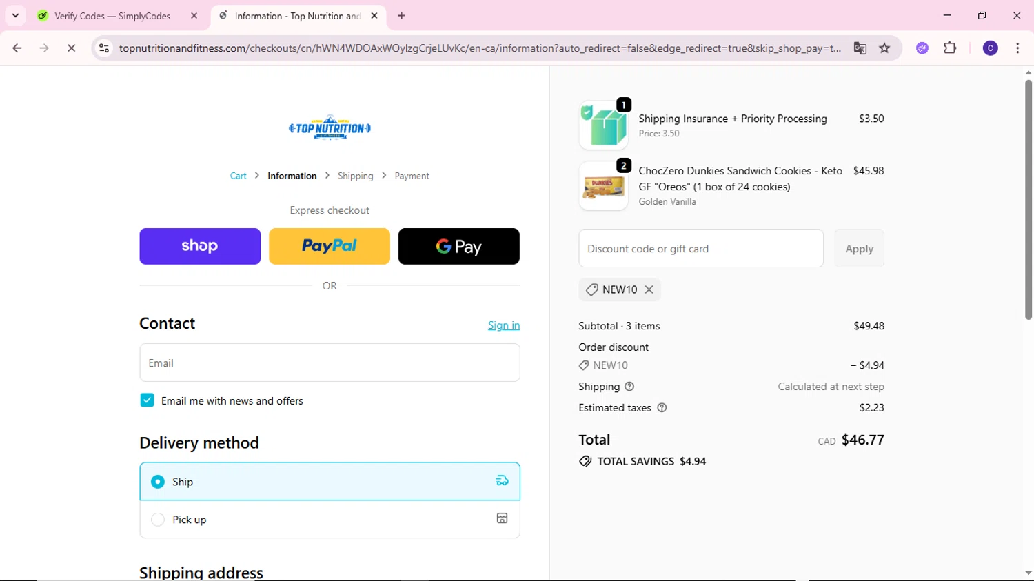 Top Nutrition and Fitness discount code screenshot showing code NEW10 applied at Top Nutrition and Fitness checkout page. Uploaded by SimplyCodes community member MoneyWizard2699 on Oct 25, 2025