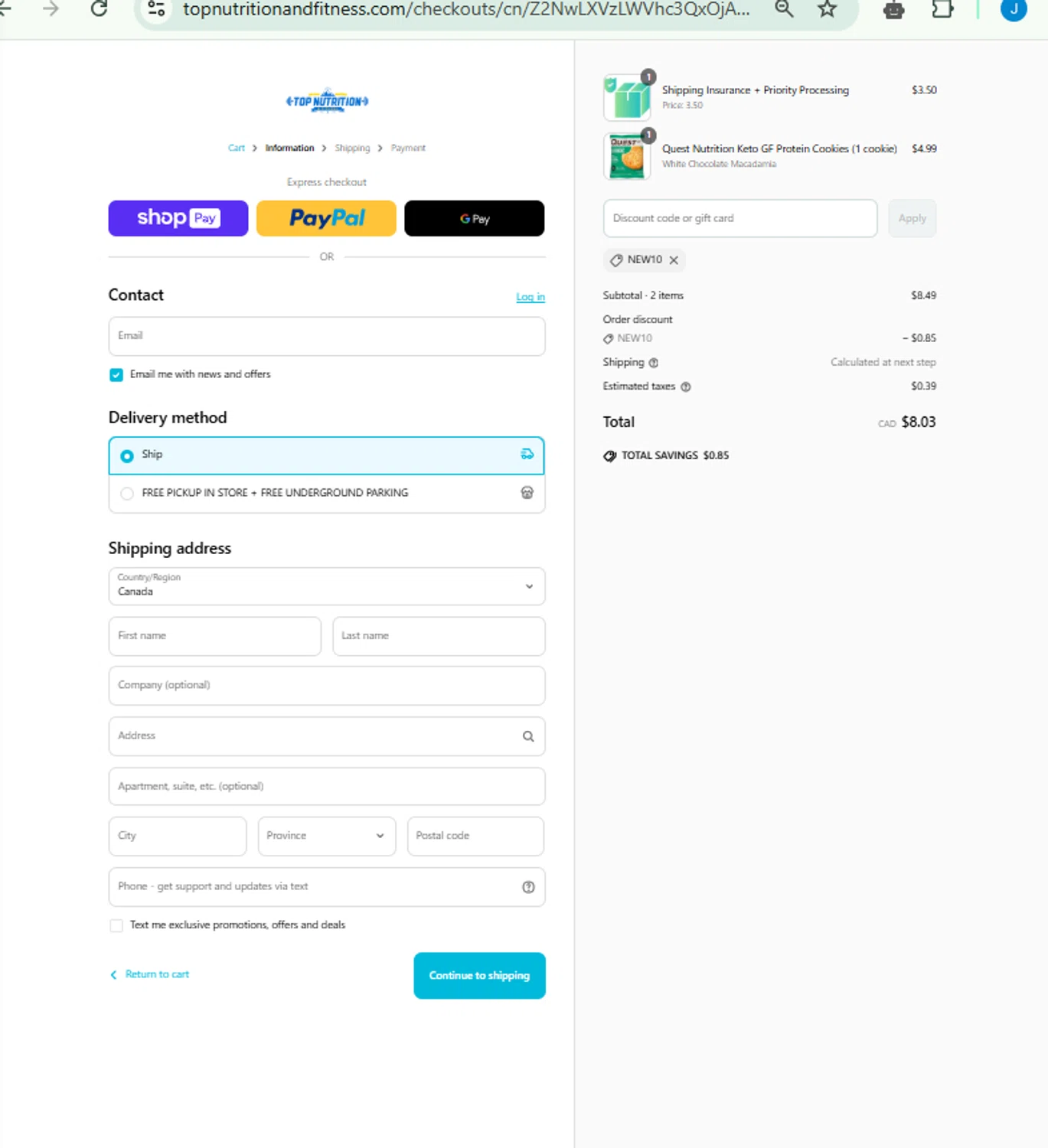 Top Nutrition and Fitness discount code screenshot showing code NEW10 applied at Top Nutrition and Fitness checkout page. Uploaded by SimplyCodes community member FortunateCurator7837 on Mar 18, 2025