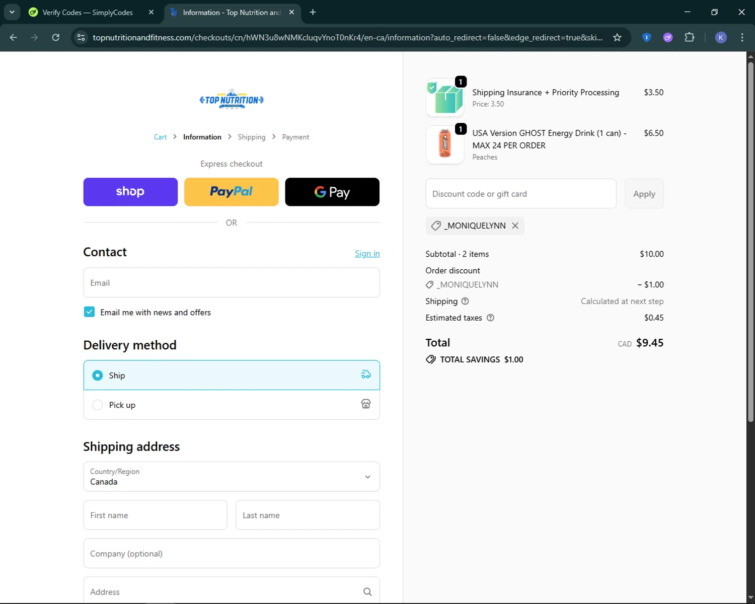 Top Nutrition and Fitness discount code screenshot showing code _MONIQUELYNN applied at Top Nutrition and Fitness checkout page. Uploaded by SimplyCodes community member KevLapage on Oct 9, 2025