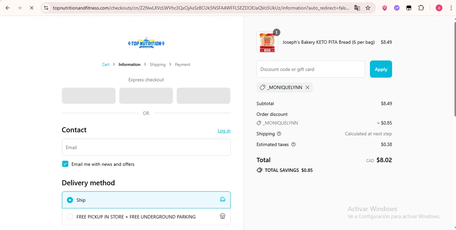 Top Nutrition and Fitness discount code screenshot showing code _MONIQUELYNN applied at Top Nutrition and Fitness checkout page. Uploaded by SimplyCodes community member LegendaryHunter6399 on Jul 17, 2025