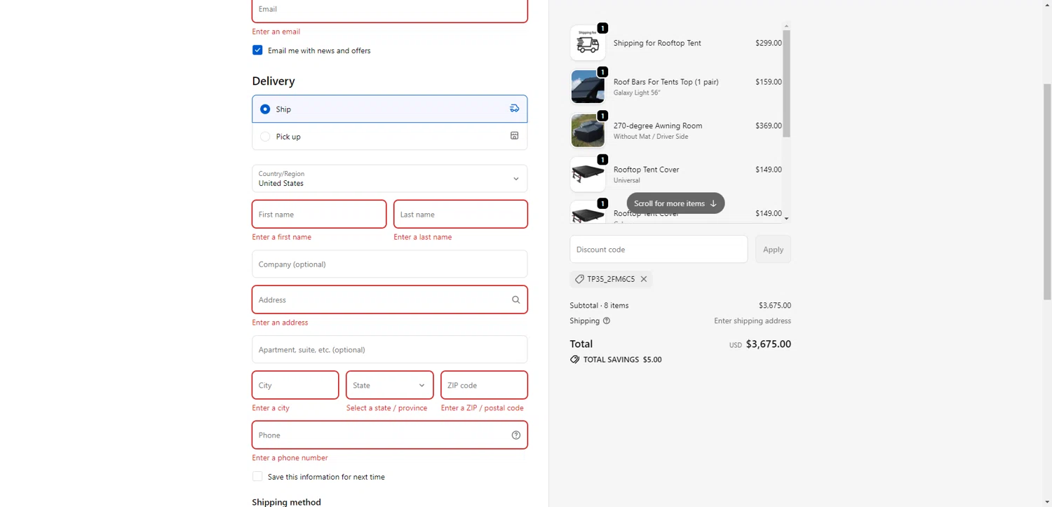 TopOak Overland promo code screenshot showing code TP35_2FM6C5 applied at TopOak Overland checkout page. Uploaded by SimplyCodes community member ExtraordinaryShopper780 on Dec 23, 2025