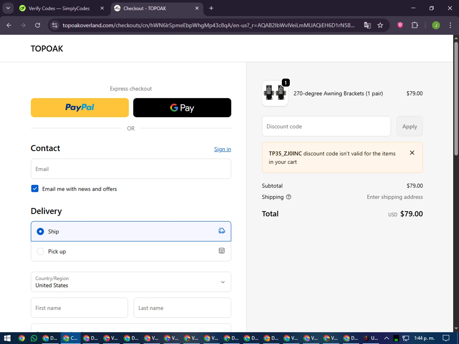 TopOak Overland promo code screenshot showing code TP35_ZJ0INC applied at TopOak Overland checkout page. Uploaded by SimplyCodes community member LilBaby on Dec 23, 2025