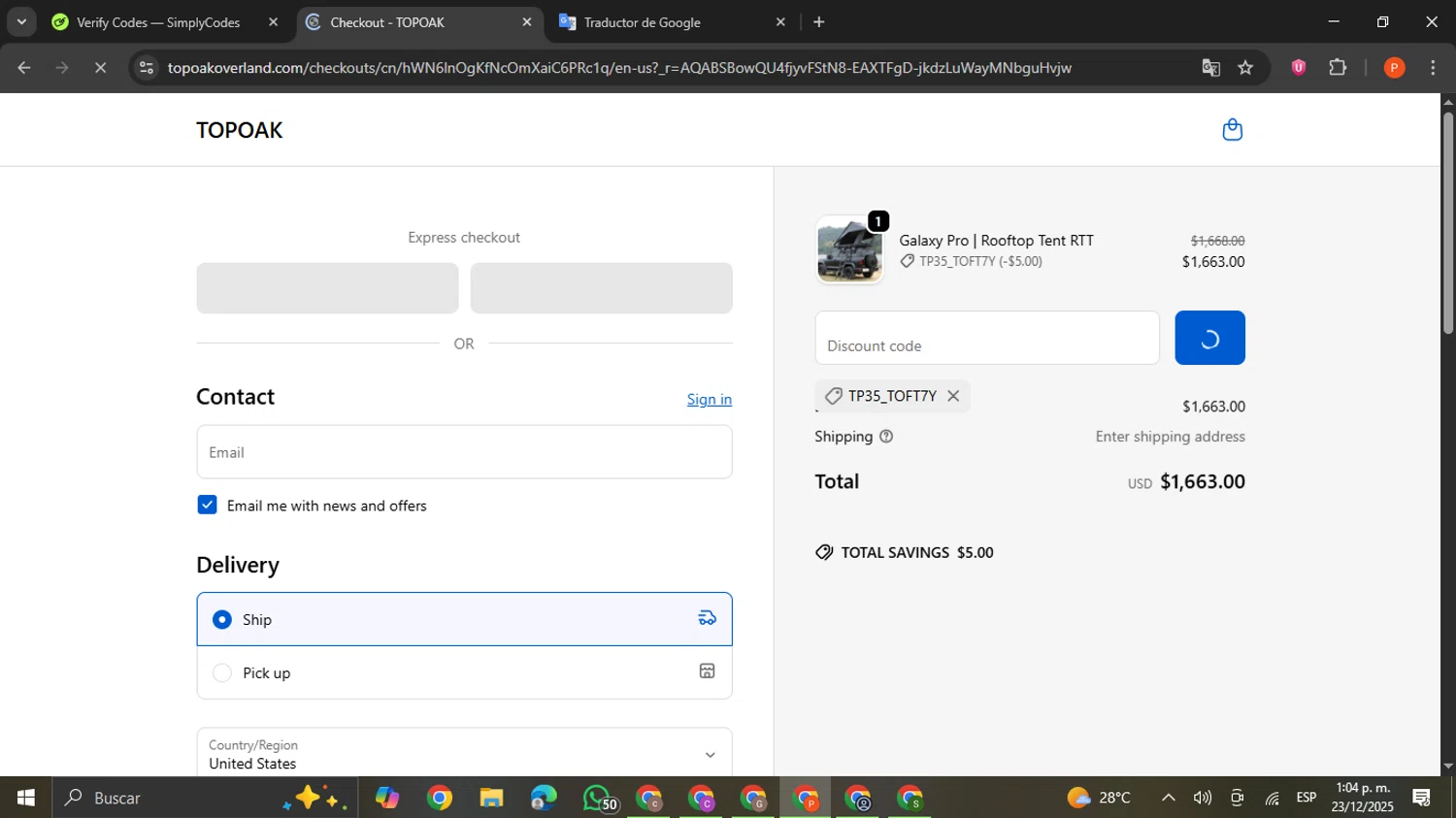 TopOak Overland promo code screenshot showing code TP35_TOFT7Y applied at TopOak Overland checkout page. Uploaded by SimplyCodes community member VictoriousCaptain2658 on Dec 23, 2025