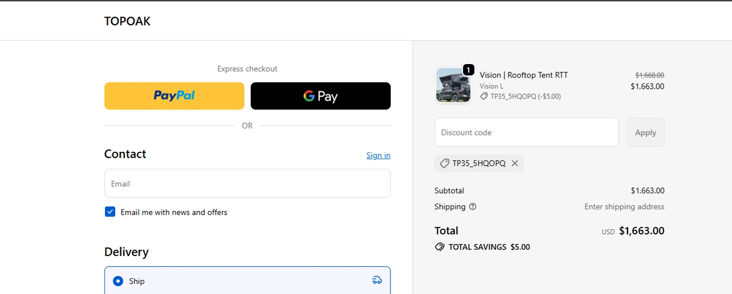 TopOak Overland promo code screenshot showing code TP35_5HQOPQ applied at TopOak Overland checkout page. Uploaded by SimplyCodes community member ashe1986 on Dec 8, 2025