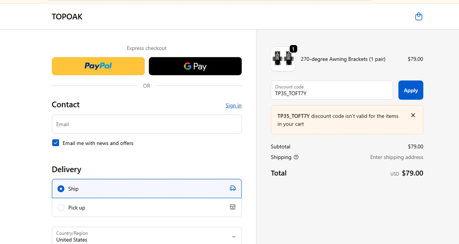 TopOak Overland promo code screenshot showing code TP35_TOFT7Y applied at TopOak Overland checkout page. Uploaded by SimplyCodes community member ashe1986 on Dec 11, 2025