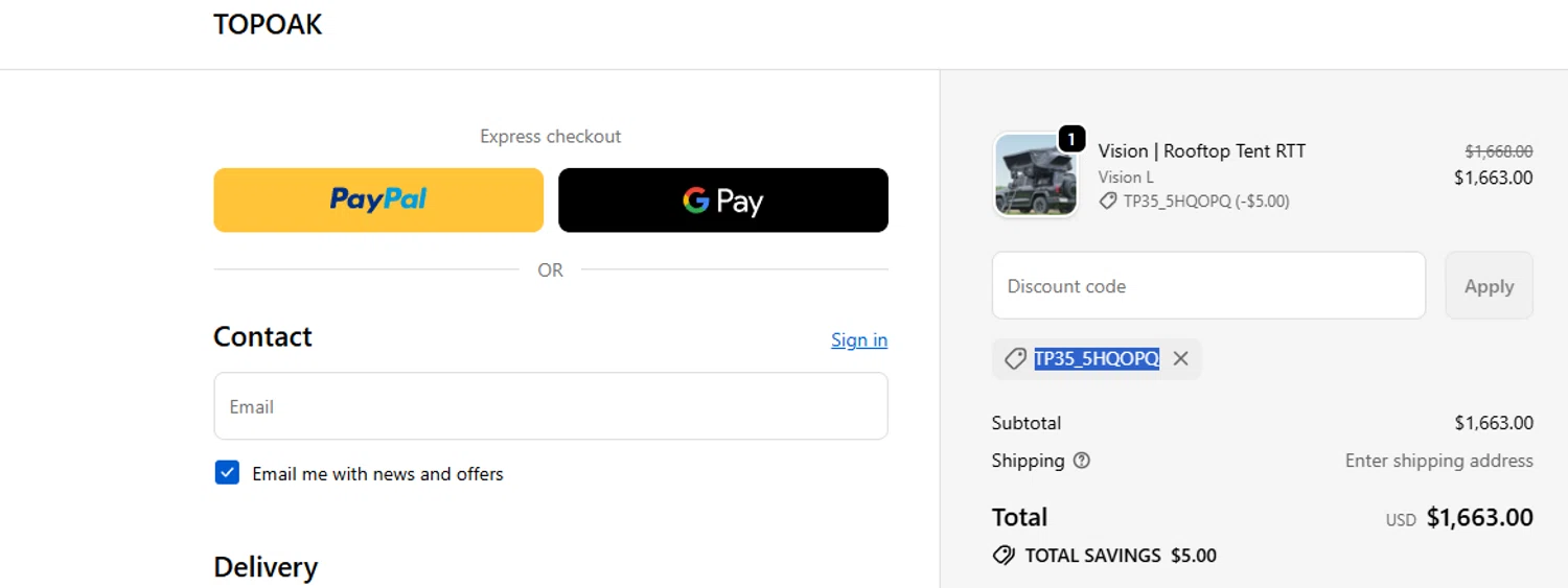 TopOak Overland promo code screenshot showing code TP35_2FM6C5 applied at TopOak Overland checkout page. Uploaded by SimplyCodes community member ashe1986 on Dec 8, 2025