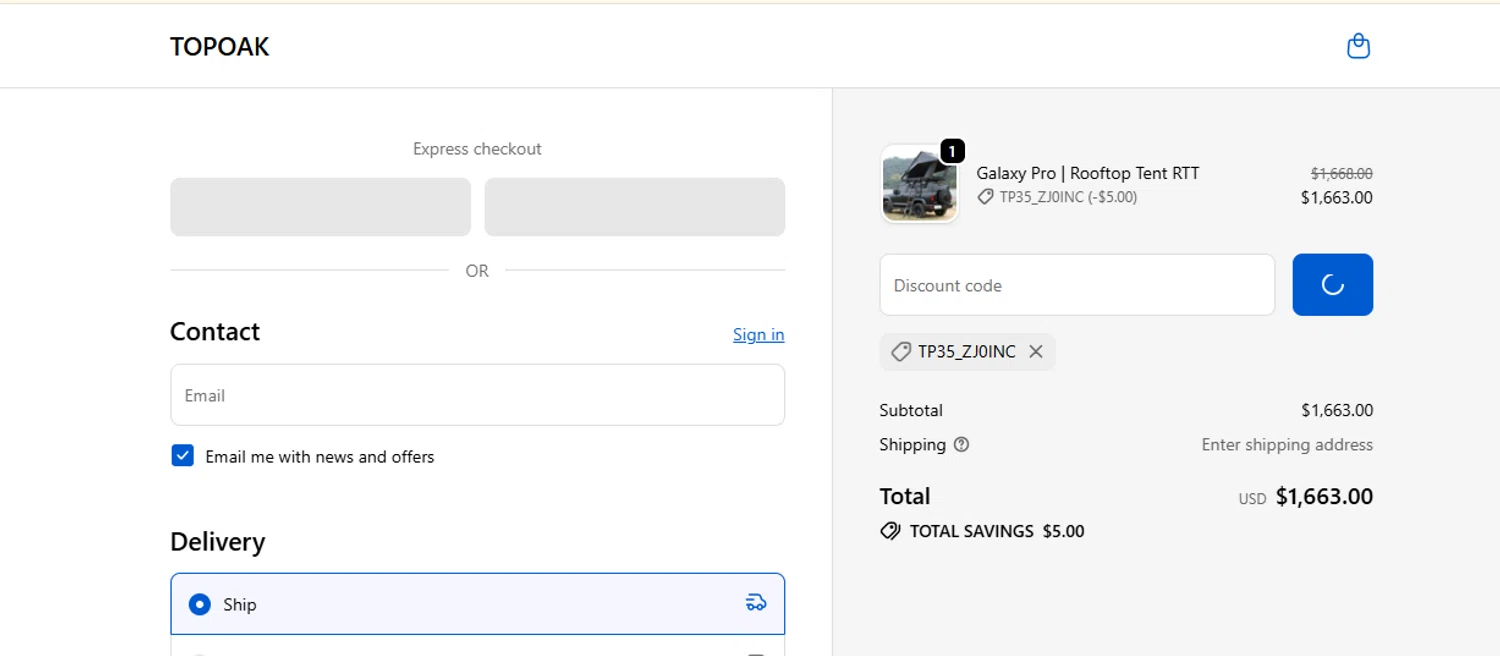 TopOak Overland promo code screenshot showing code TP35_ZJ0INC applied at TopOak Overland checkout page. Uploaded by SimplyCodes community member ashe1986 on Dec 9, 2025
