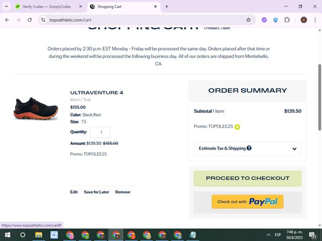 Topo Athletic checkout page showing Topo Athletic promo code box | Screenshot taken by SimplyCodes community member on Jun 30, 2025