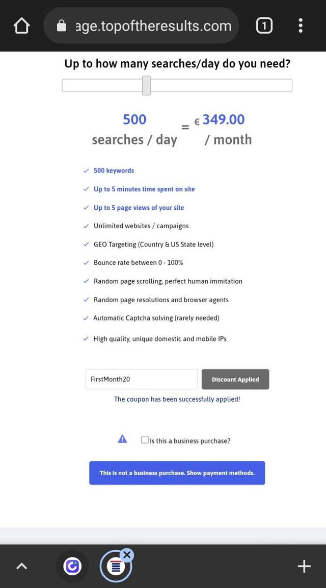 Top Of The Results checkout page showing Top Of The Results promo code box | Screenshot taken by SimplyCodes community member on May 3, 2022