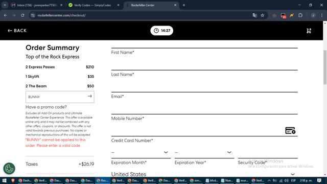 Top of The Rock checkout page showing Top of The Rock promo code box | Screenshot taken by SimplyCodes community member on Feb 13, 2025