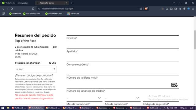 Top of The Rock checkout page showing Top of The Rock promo code box | Screenshot taken by SimplyCodes community member on Feb 17, 2025