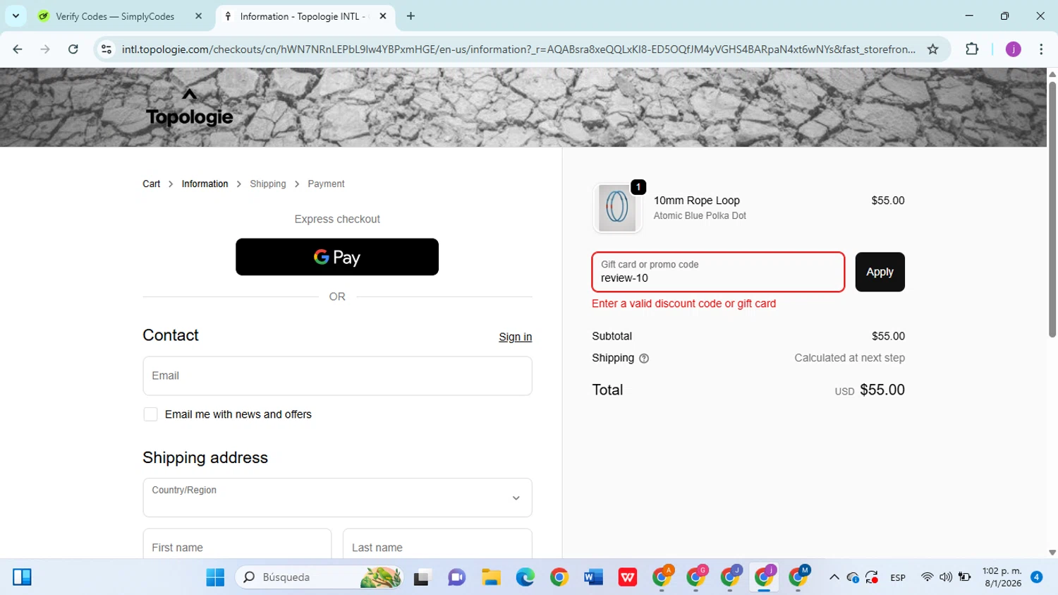 Topologie discount code screenshot showing code review-10 applied at Topologie checkout page. Uploaded by SimplyCodes community member christophersierra on Jan 8, 2026