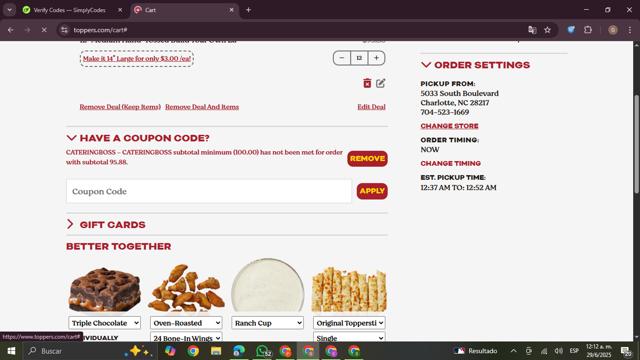 Toppers checkout page showing Toppers coupon code box | Screenshot taken by SimplyCodes community member on Jun 29, 2025