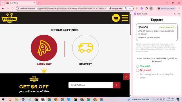 Toppers checkout page showing Toppers coupon code box | Screenshot taken by SimplyCodes community member on Jul 10, 2025