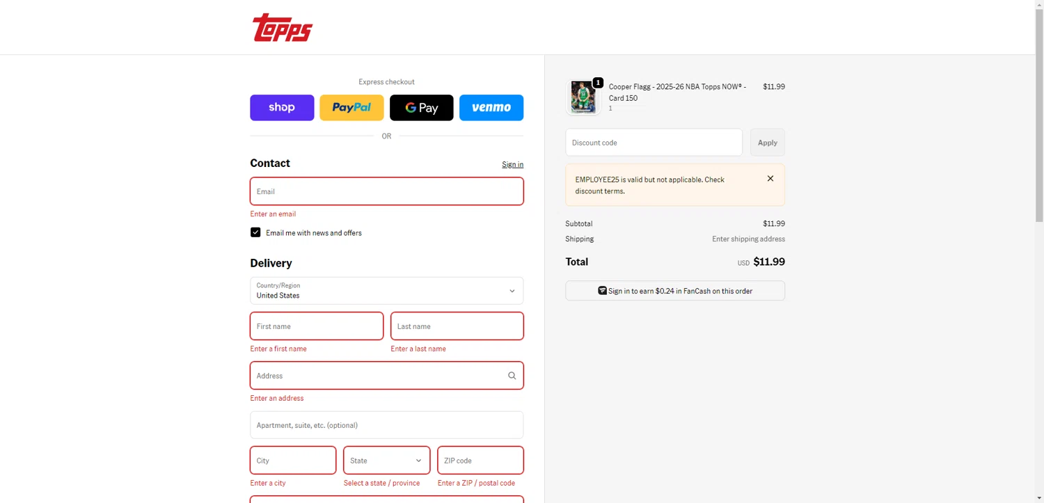 Topps promo code screenshot showing code EMPLOYEE25 applied at Topps checkout page. Uploaded by SimplyCodes community member NobleMaestro6498 on Jan 31, 2026