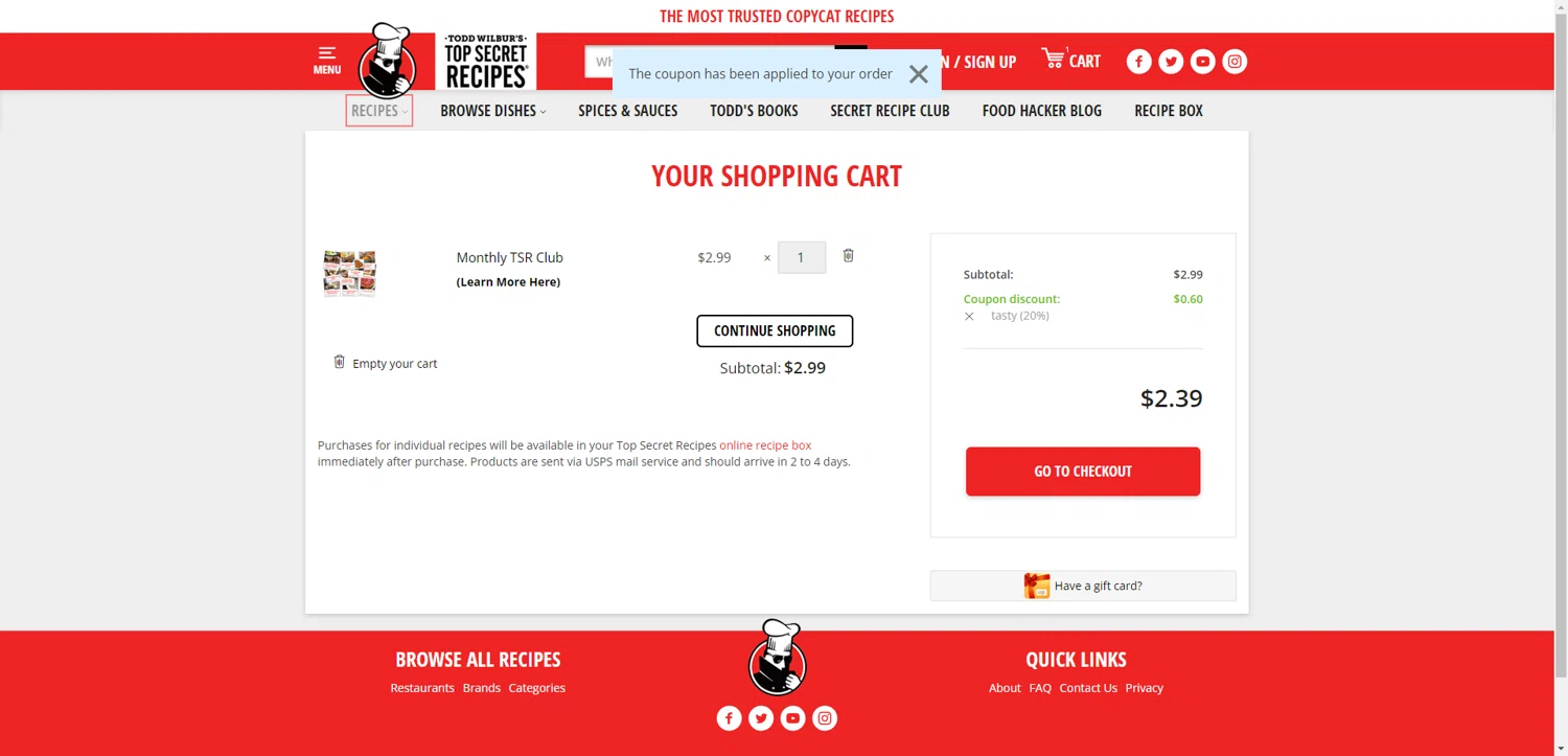 Top Secret Recipes coupon code screenshot showing code tasty applied at Top Secret Recipes checkout page. Uploaded by SimplyCodes community member DiscountWarden480 on Aug 3, 2025