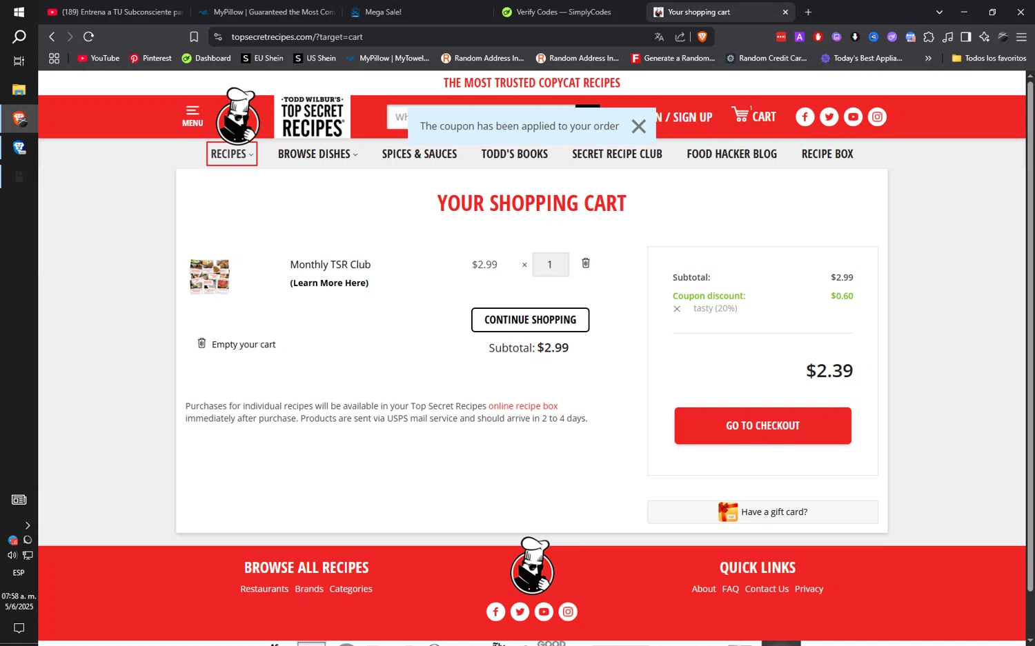Top Secret Recipes coupon code screenshot showing code tasty applied at Top Secret Recipes checkout page. Uploaded by SimplyCodes community member ilarrazaM1 on Jun 5, 2025