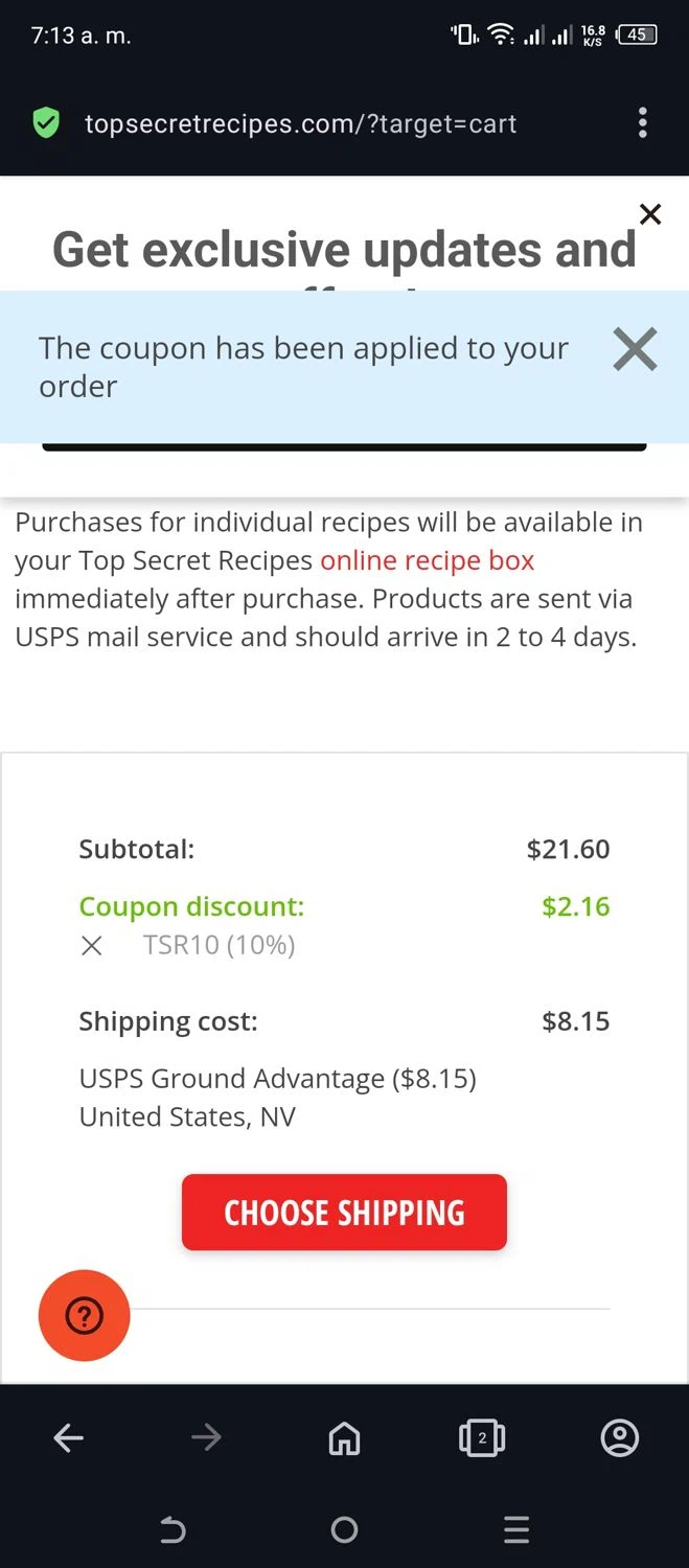 Top Secret Recipes coupon code screenshot showing code TSR10 applied at Top Secret Recipes checkout page. Uploaded by SimplyCodes community member Beaaalmera on Feb 15, 2025