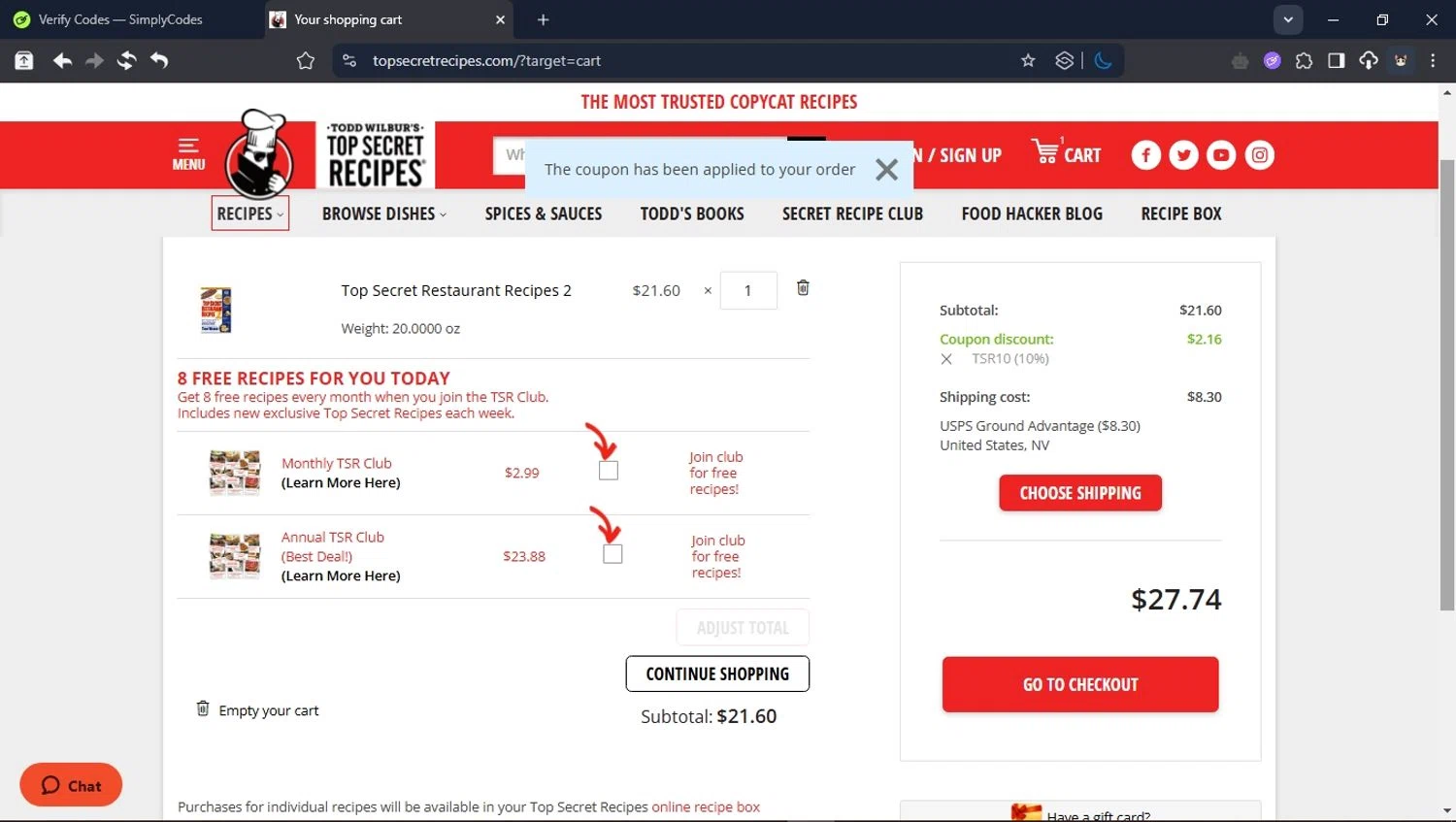 Top Secret Recipes coupon code screenshot showing code TSR10 applied at Top Secret Recipes checkout page. Uploaded by SimplyCodes community member CleverPioneer8971 on May 17, 2025