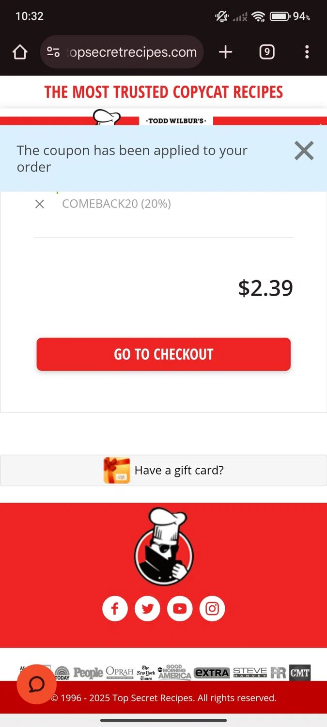 Top Secret Recipes coupon code screenshot showing code COMEBACK20 applied at Top Secret Recipes checkout page. Uploaded by SimplyCodes community member Manguito_Chambeador on Jan 7, 2025