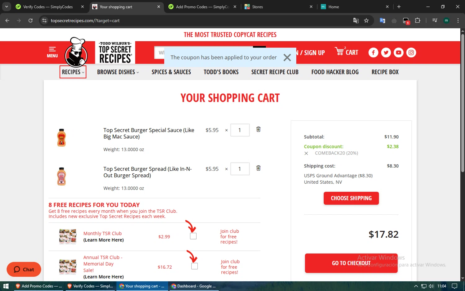 Top Secret Recipes coupon code screenshot showing code COMEBACK20 applied at Top Secret Recipes checkout page. Uploaded by SimplyCodes community member Voucher200 on May 24, 2025