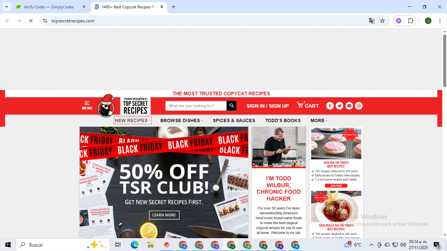 Top Secret Recipes coupon code screenshot showing code TSRCLUB! applied at Top Secret Recipes checkout page. Uploaded by SimplyCodes community member CleverSeeker3529 on Nov 27, 2025