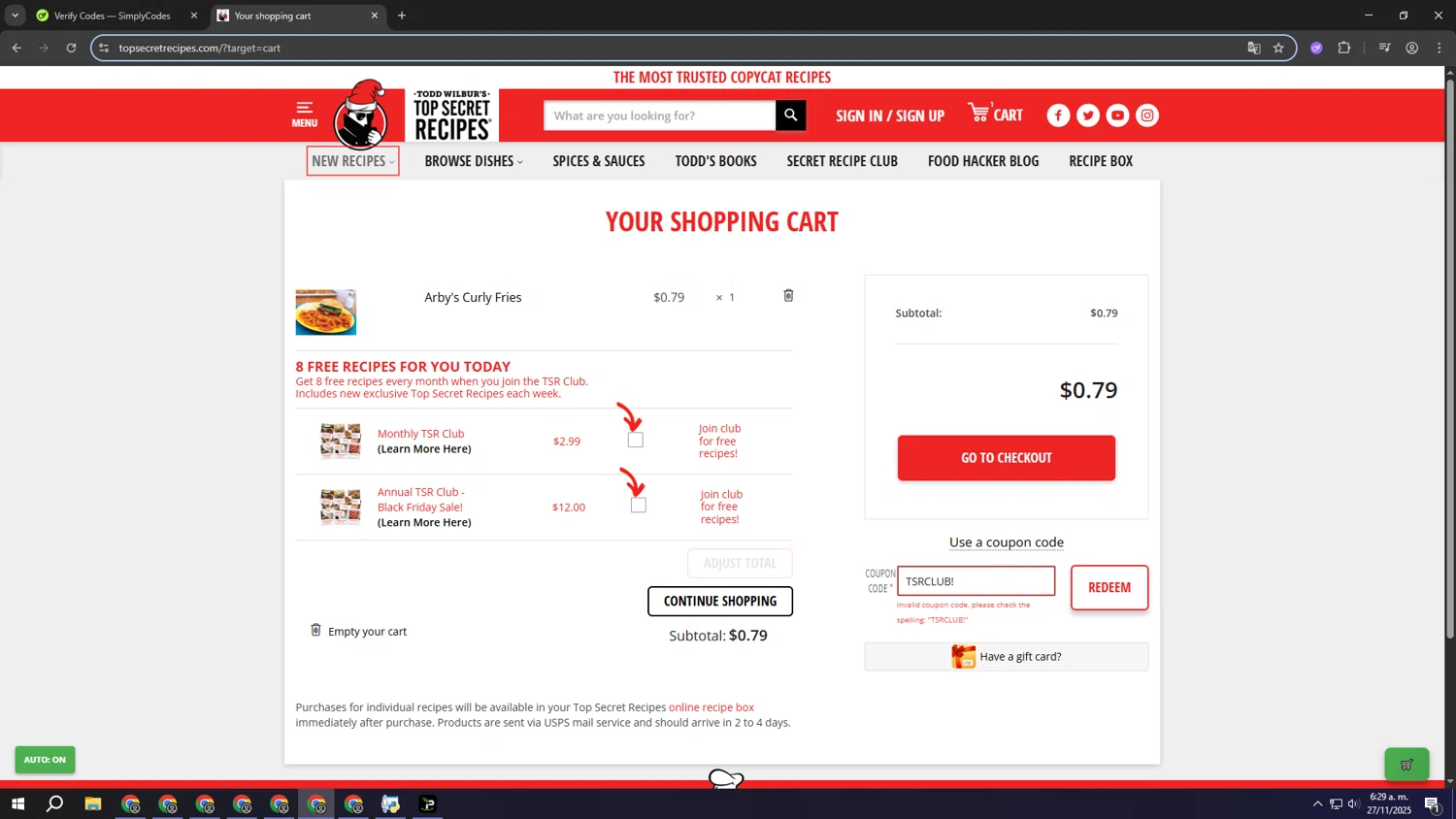 Top Secret Recipes coupon code screenshot showing code TSRCLUB! applied at Top Secret Recipes checkout page. Uploaded by SimplyCodes community member eeeeeeeeeeeeeeeeeeeeee on Nov 27, 2025