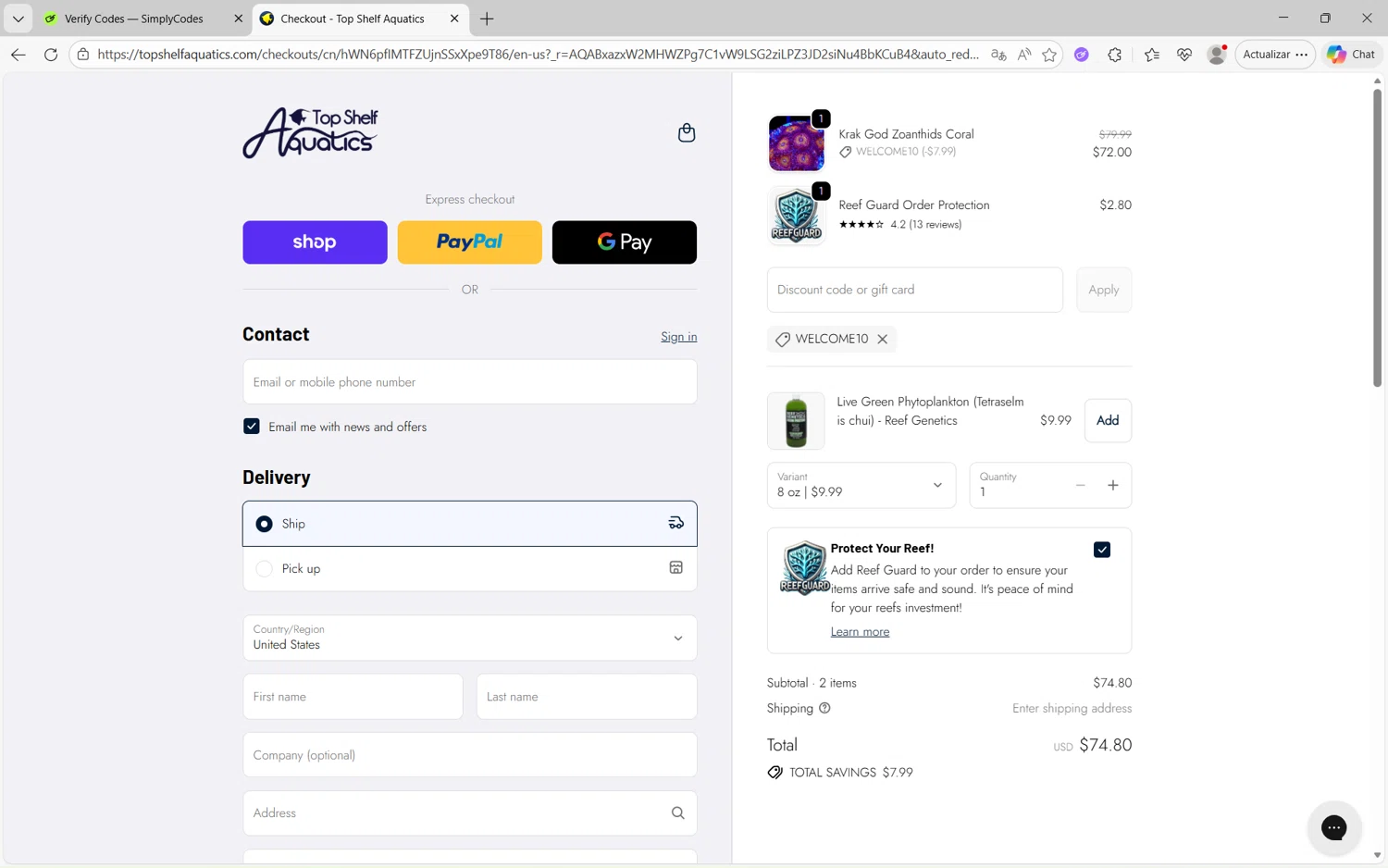 Top Shelf Aquatics coupon code screenshot showing code WELCOME10 applied at Top Shelf Aquatics checkout page. Uploaded by SimplyCodes community member juanx1702 on Dec 25, 2025