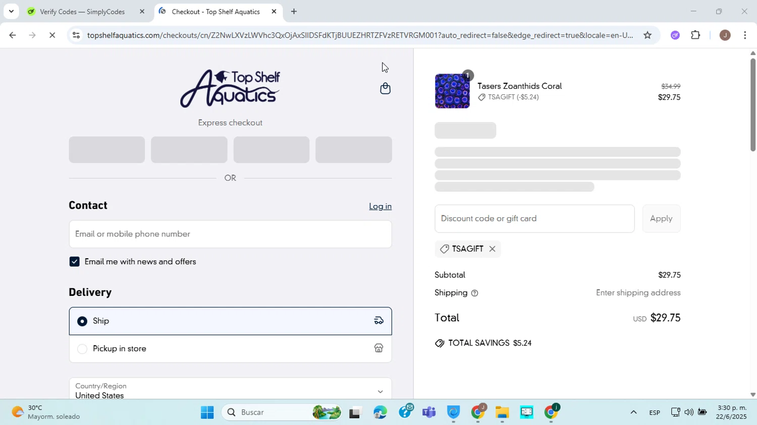 Top Shelf Aquatics coupon code screenshot showing code TSAGIFT applied at Top Shelf Aquatics checkout page. Uploaded by SimplyCodes community member ABHF23 on Jun 22, 2025