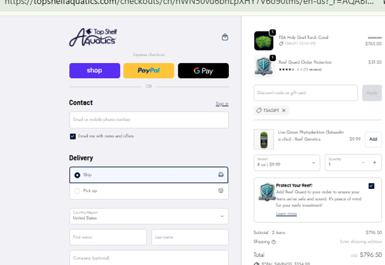 Top Shelf Aquatics coupon code screenshot showing code TSAGIFT applied at Top Shelf Aquatics checkout page. Uploaded by SimplyCodes community member RewardFinder4836 on Nov 7, 2025
